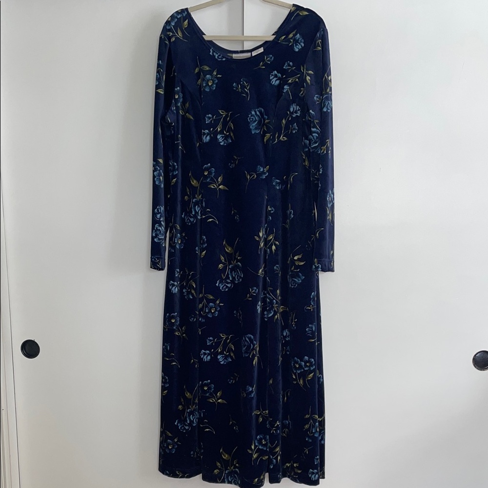 Coldwater‎ Creek Navy Floral Long Sleeve Dress. Velvet.  Size XL.  Vintage.